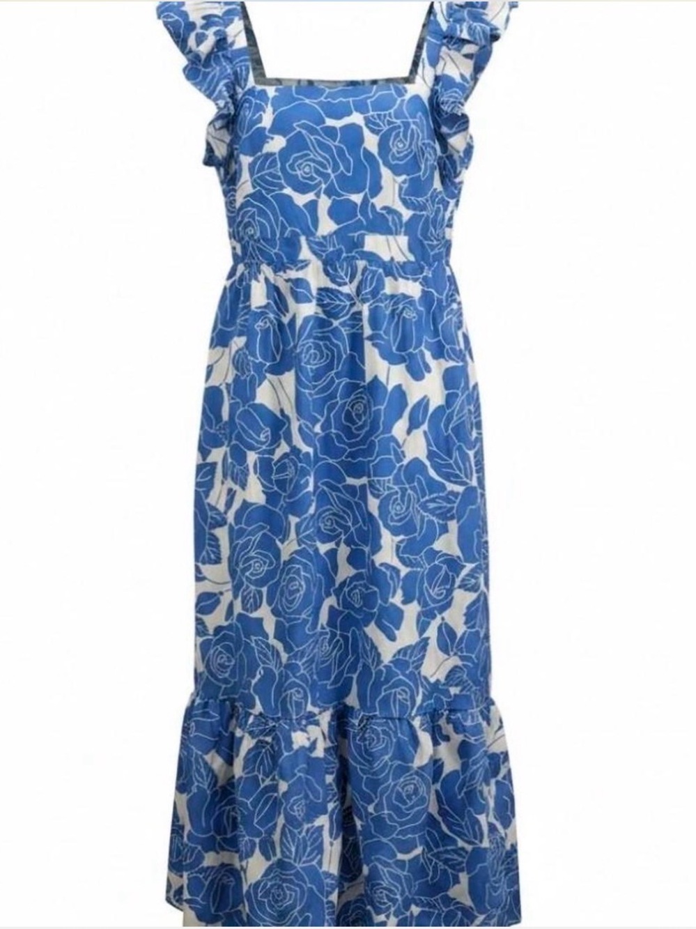 London Times White and Blue Rose-Print Ruffle Strap Midi Dress